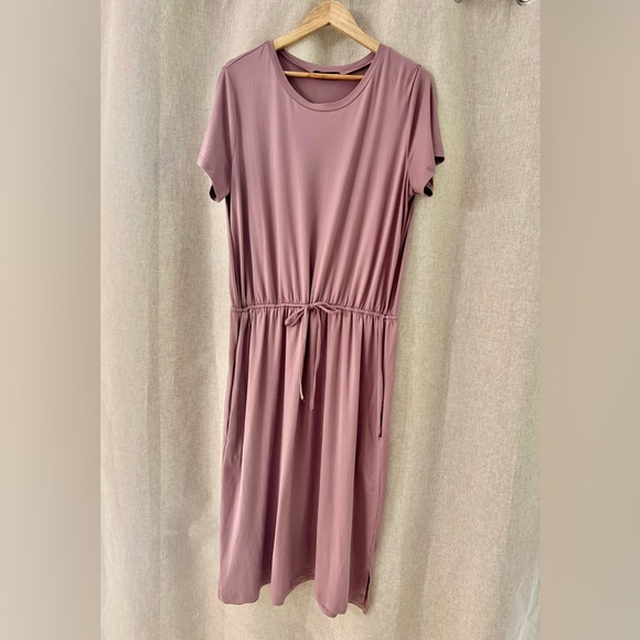 Womens Plain Solid Short Sleeve Casual Pockets Midi Dress with Belt Purple - Picture 4 of 9